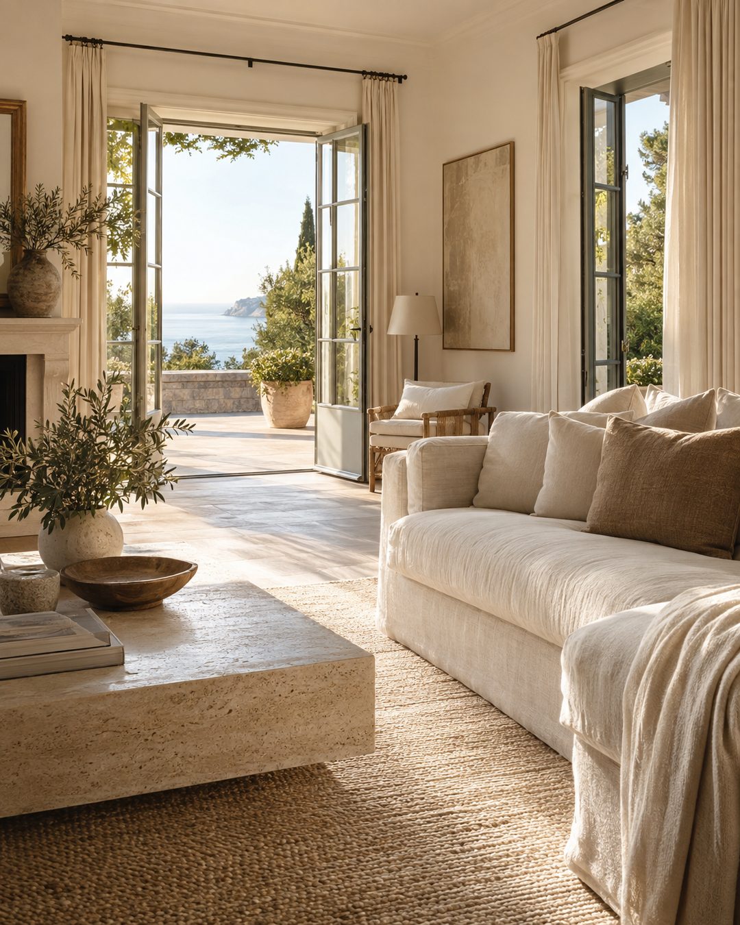 A sunlit coastal living room in warm morning light, linen sofa, pale oak floors, open terrace doors to greenery, neutral