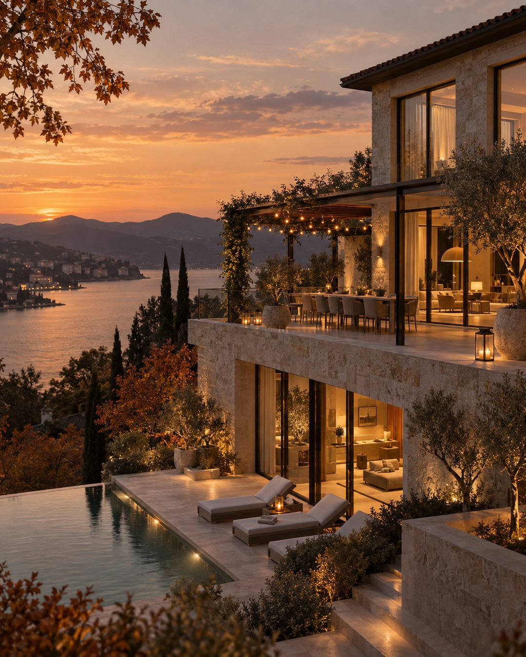 A stone home at golden hour with autumn leaves on the walkway