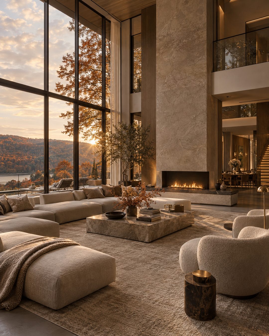 A sunlit luxury living room with floor-to-ceiling windows